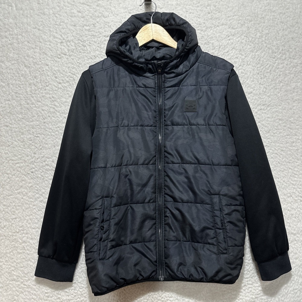 Under Armour Twofer Youth YXL Black Camo Full Zip‎ Hooded Puffer Quilted Jacket